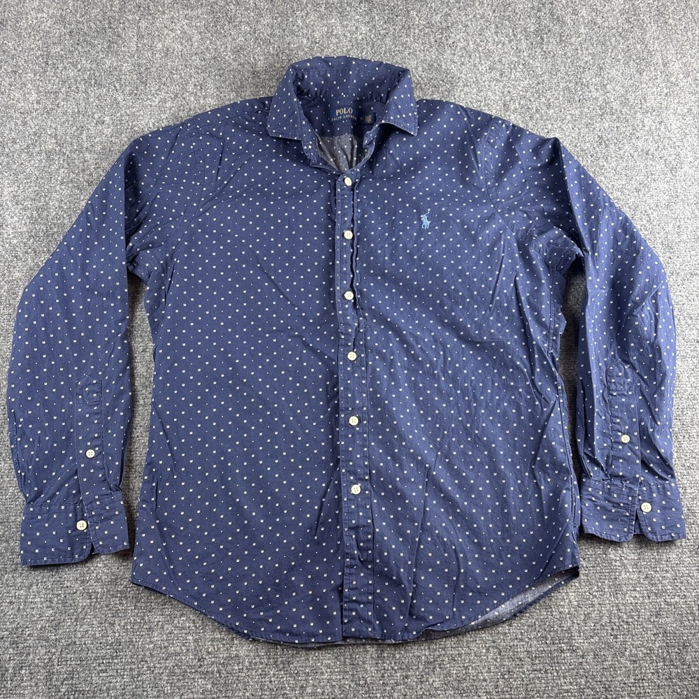 Polo Ralph Lauren Micro Geometric Print Button Down Shirt Navy Blue Mens Medium